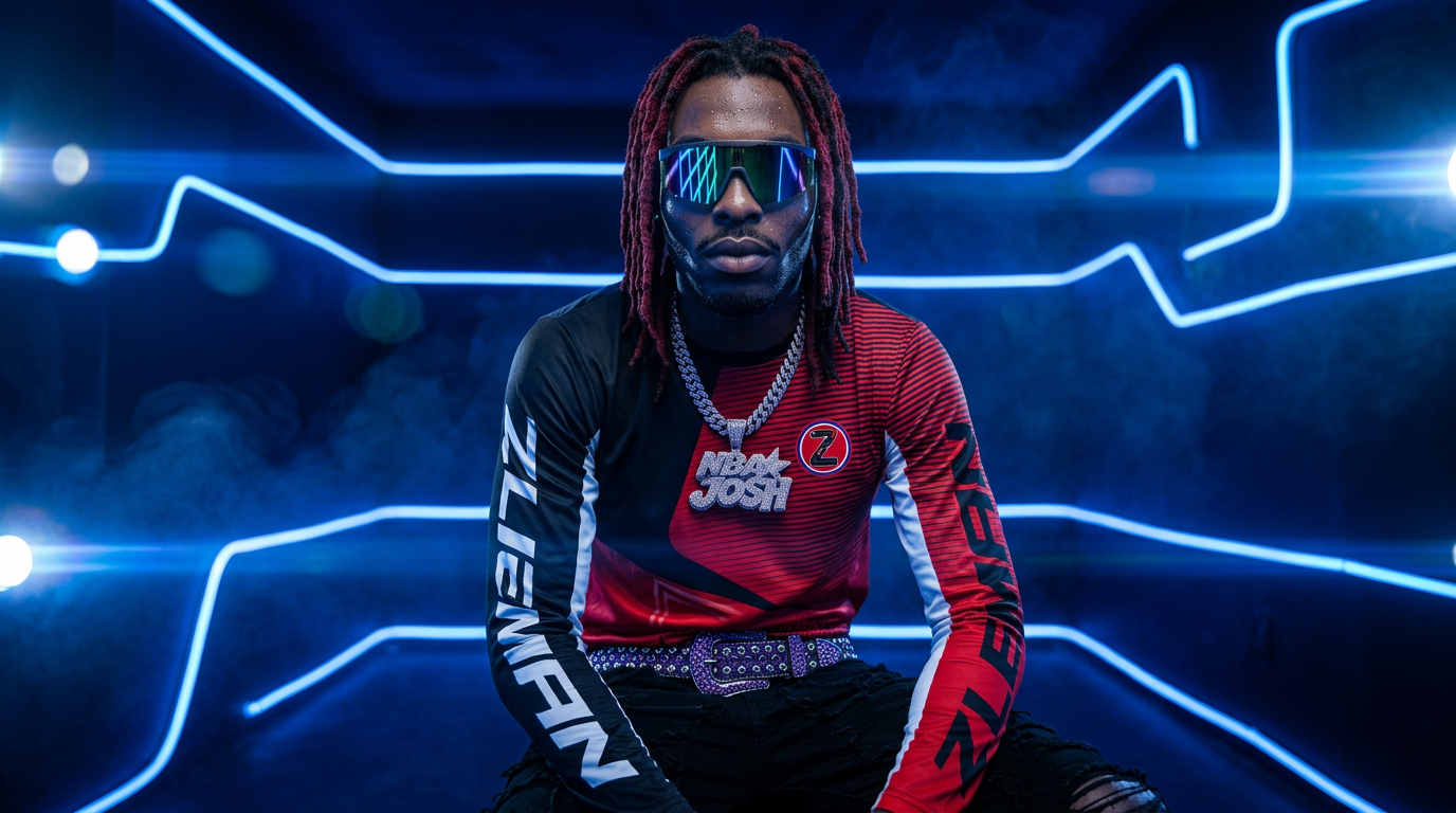 Neon stage portrait · mirrored visor